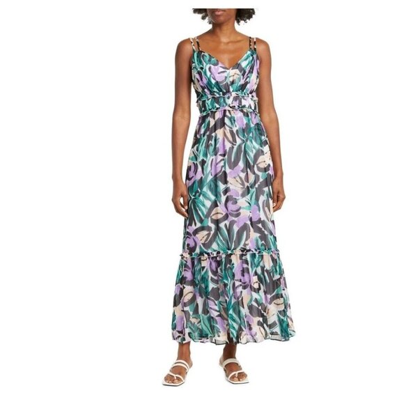 Donna Morgan NWT Green White Sleeveless Tropical Floral Midi Dress Size 10 - Picture 1 of 11